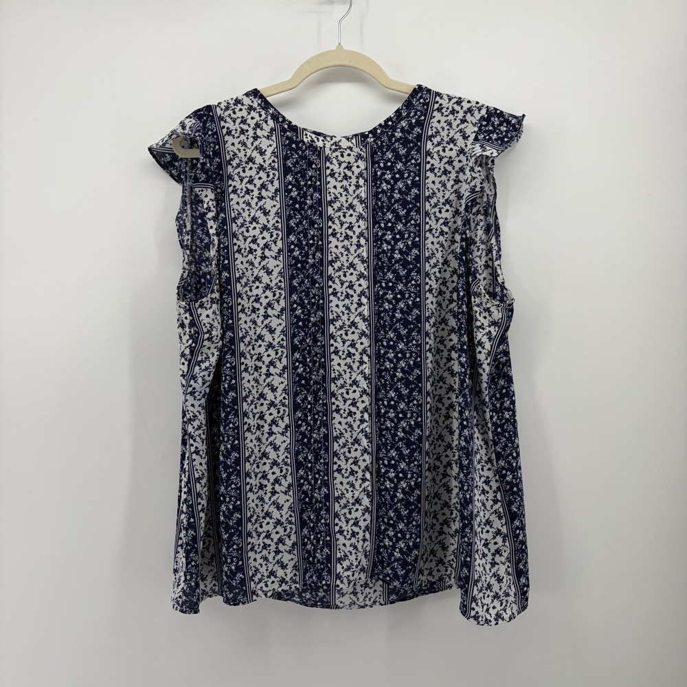 ELLE Womens XXL Navy Blue Floral Striped Ruffle Sleeve Keyhole Back Blouse
